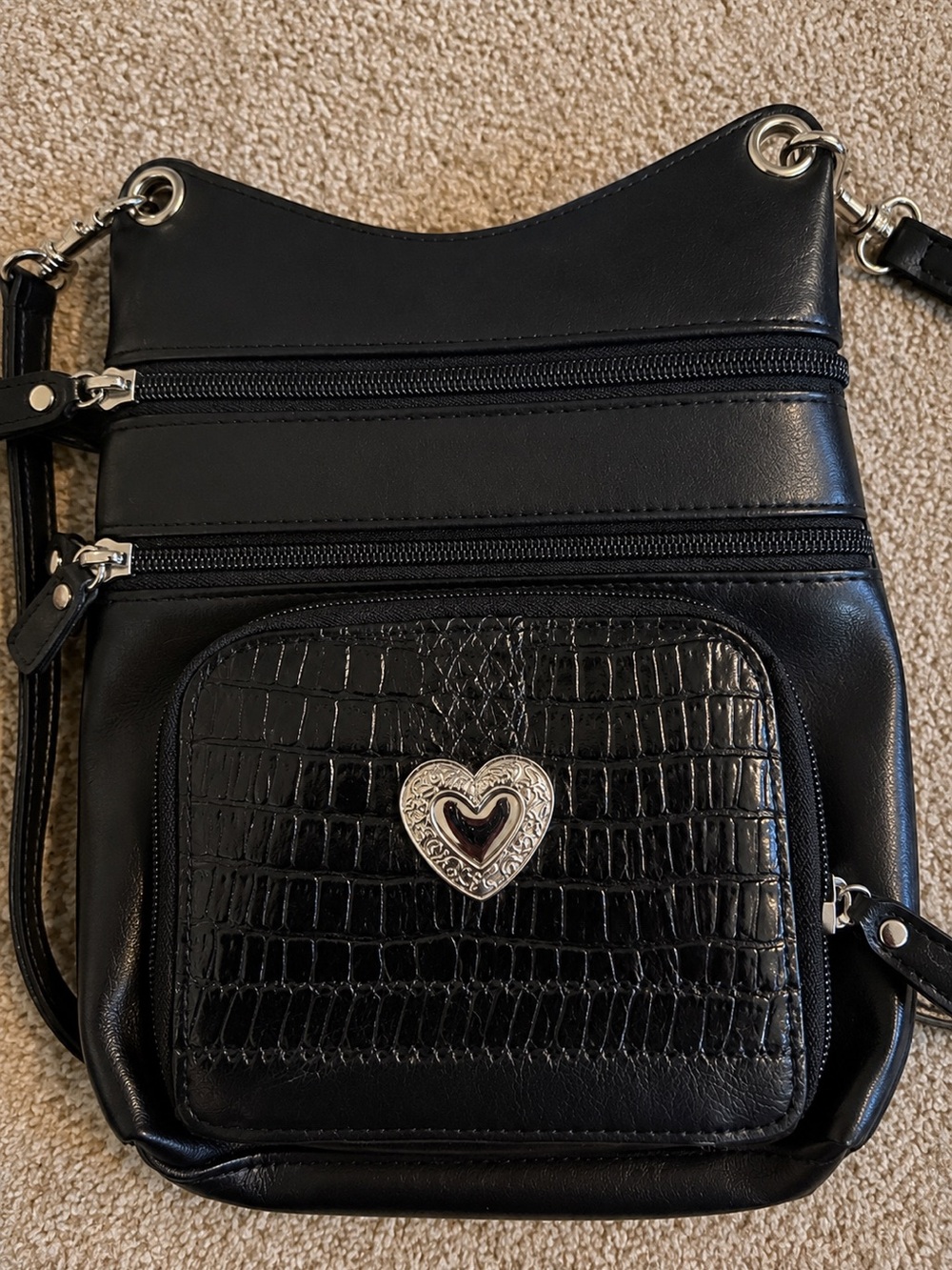 Black Women’s Shoulder Crossbody Bag with Heart Accent